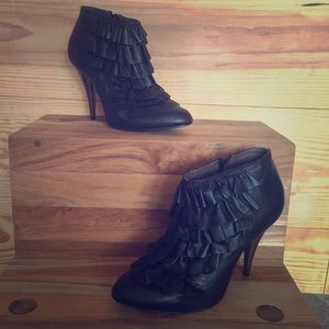 BCBG Black Leather Ruffle Bootie
